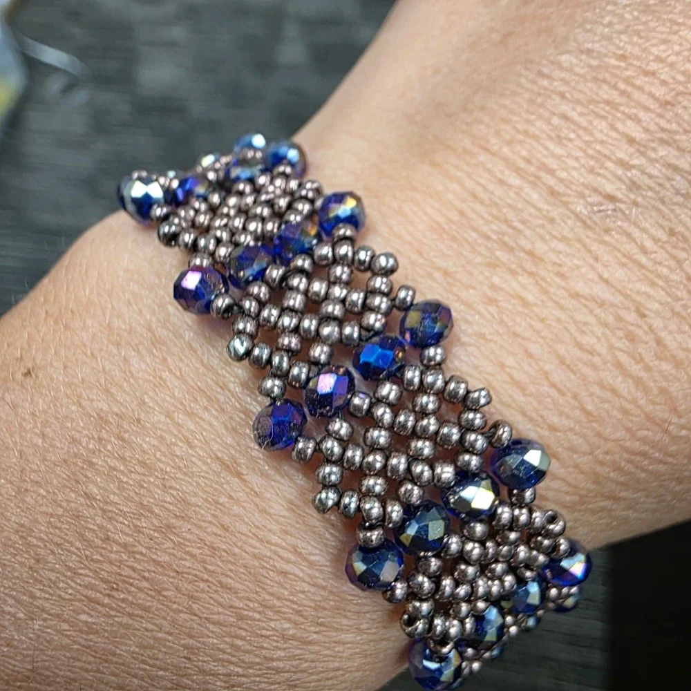 Handmade Beaded Cuff Bracelet Blue Iridescent Crystal Bronze Seed Bead Magnetic